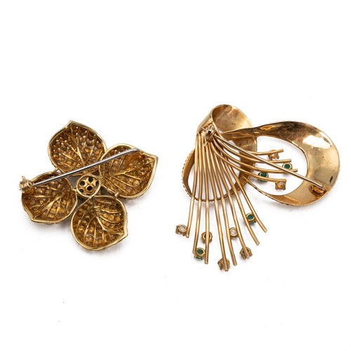 110 - An 18ct gold and turquoise open-work flower brooch, 7.8 grams, along with a gold abstract brooch, te... 