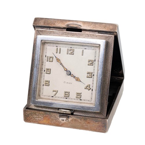 243 - Art Deco silver and guilloche enamel and engine turned decoration bedside/travelling clock, hallmark... 