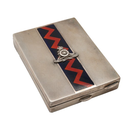 525 - Silver military ladies' vanity case, with red and blue enamelling to the case, with Artillery emblem... 