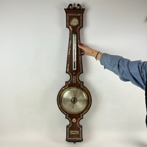 281 - A Pozzi Wootton Bassett rosewood mother-of-pearl inlaid banjo barometer, with swan neck pediment, ce... 