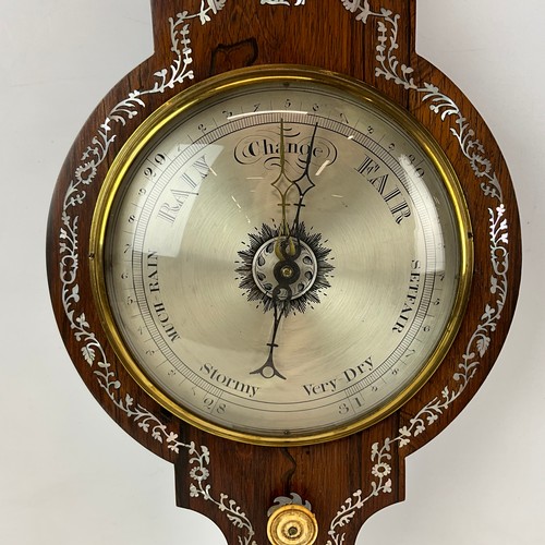 281 - A Pozzi Wootton Bassett rosewood mother-of-pearl inlaid banjo barometer, with swan neck pediment, ce... 