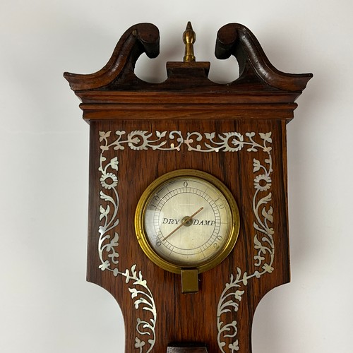 281 - A Pozzi Wootton Bassett rosewood mother-of-pearl inlaid banjo barometer, with swan neck pediment, ce... 