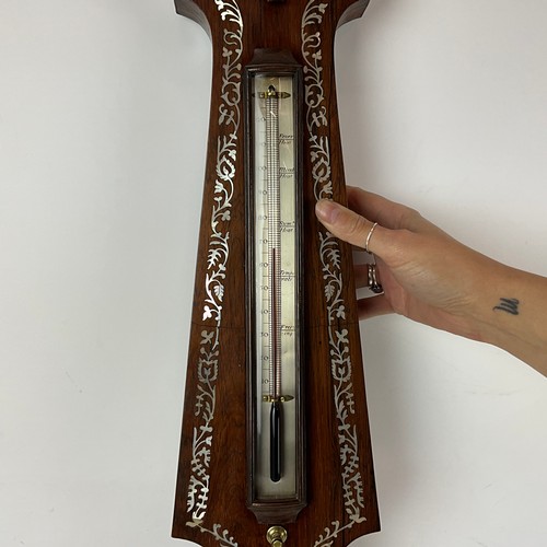 281 - A Pozzi Wootton Bassett rosewood mother-of-pearl inlaid banjo barometer, with swan neck pediment, ce... 