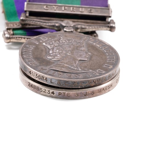 111 - Two Queen Elizabeth II General Service Medals, one with clasp to Cyprus, awarded to 4113684, L.A.C.D... 
