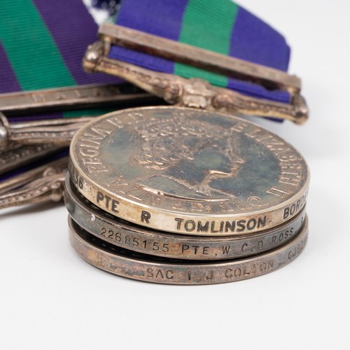 114 - A group of three Queen Elizabeth II campaign and service medals, to include a GSN with clasp to Mala... 