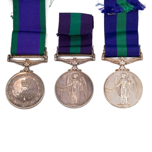 114 - A group of three Queen Elizabeth II campaign and service medals, to include a GSN with clasp to Mala... 