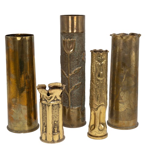119 - A collection of five artillery shells with embossed and engraved foliate decorations, mixed makers a... 
