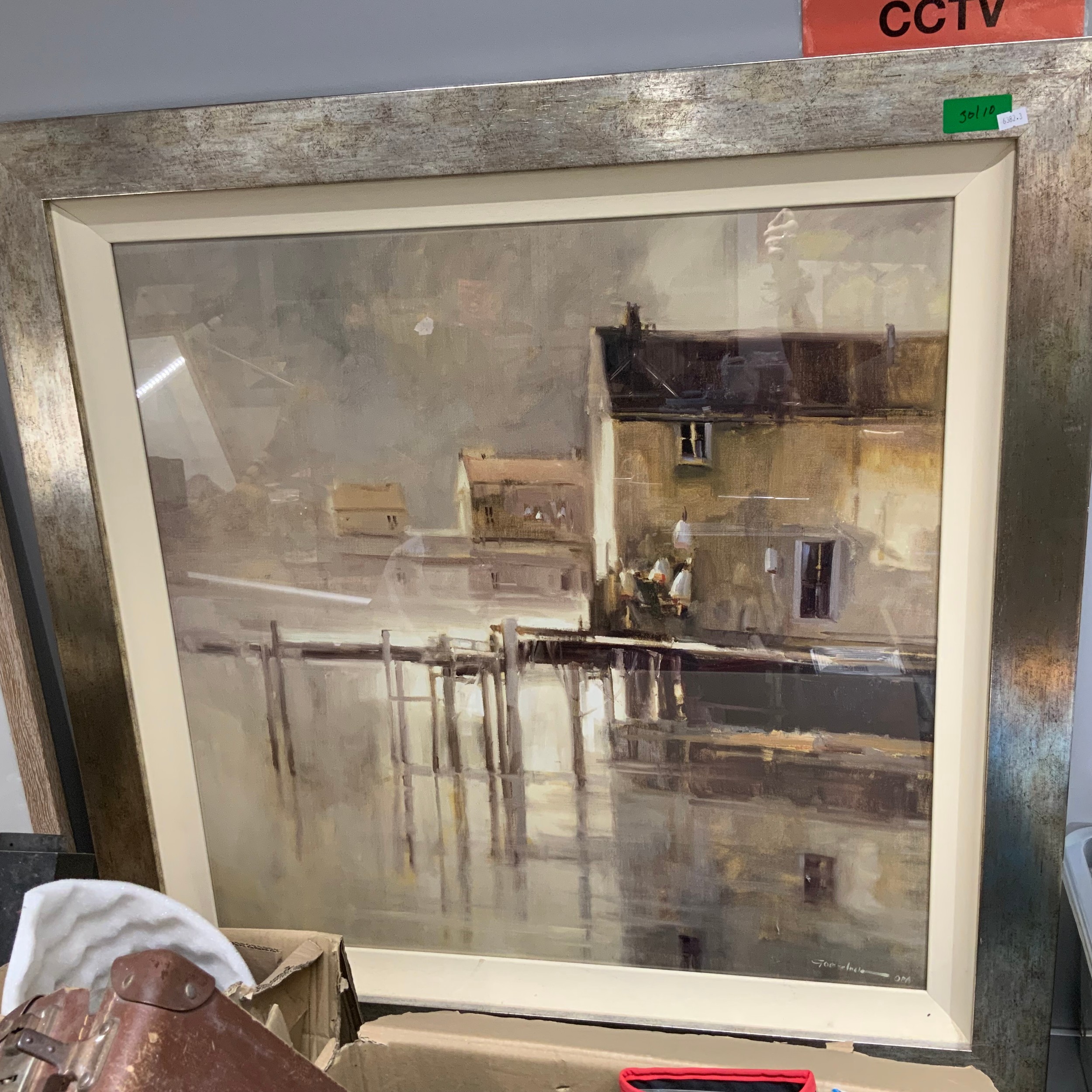 A signed print by Ted Goerschner of a coastal dock scene. Dimensions ...