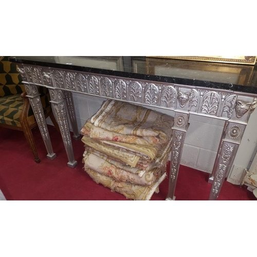 79 - A large Silvered Console Table with marble top. Width 150, Height 94, Depth 50 cm)