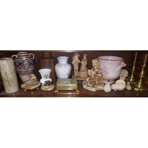 628 - A shelf of Items to include a quantity of Alabaster Desk items, vases etc., also a pair of late 19th... 