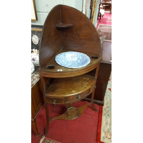 637 - A Georgian Mahogany Corner Washstand with galleried back and ceramic Blakeney Bowl.