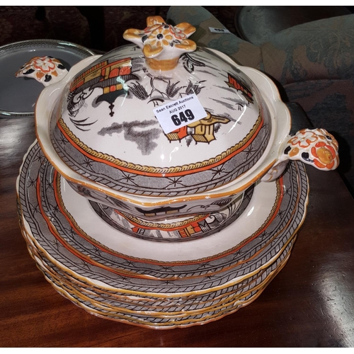 649 - Quite a rare patterned 19th Century Masons Ironstone part dinner service in Oriental design.