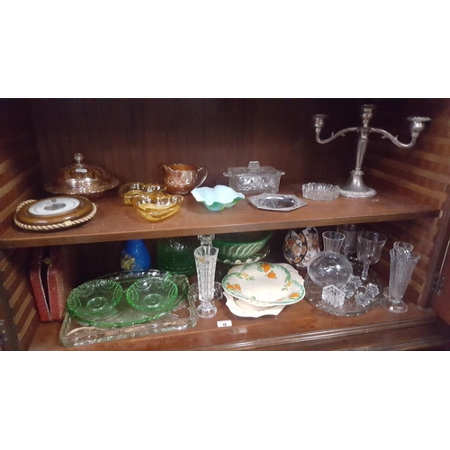 12 - CHARITY: A shelf of various items to include vaseline wares, glass wares set of spoons etc., various... 