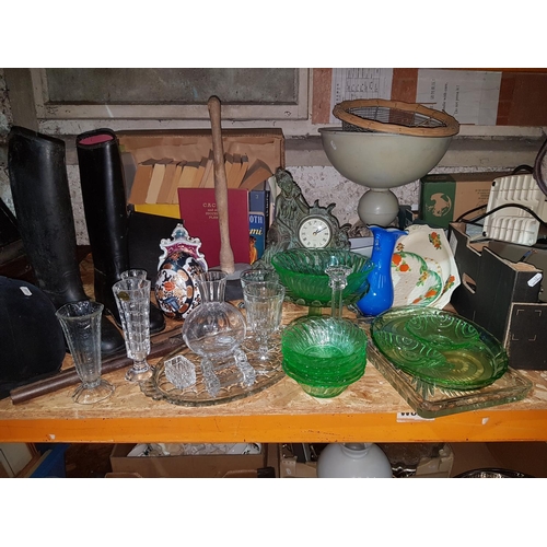 12 - CHARITY: A shelf of various items to include vaseline wares, glass wares set of spoons etc., various... 