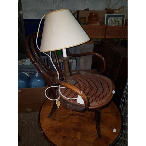 90 - A 1920s Walnut Circular Table along with a Bentwood Chair and Lamp.