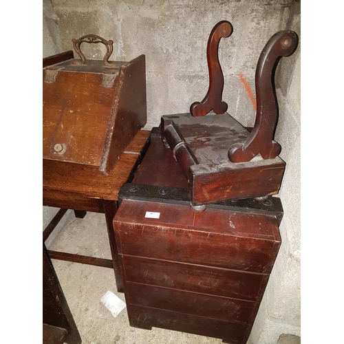 93 - A Vintage Strong Box along with an Oak Table, late 19th Century Coal Scuttle and a Crutch Mirror.