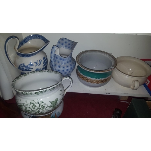 64 - Four 19th Century decorative Po, along with two 19th Century Jugs.