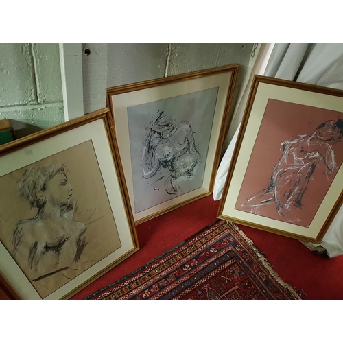 37 - Three Pastel and Ink studies of a female nude, 64 x 40cm approx in a green gilt frames.