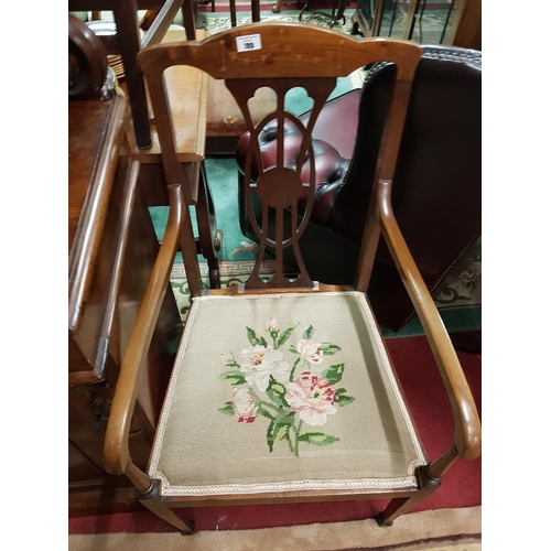 789 - An Edwardian Mahogany Inlaid Arm Chair with Tapestry seat.