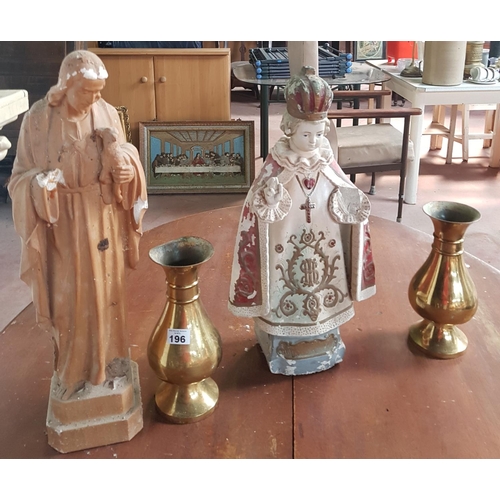 196 - A good pair of Brass Vases(H 26cms) along with two plaster statues(H 51 x2).