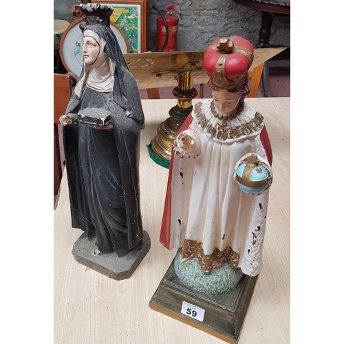 59 - A Scared Heart hand painted Statue along with another painted Statue.H 44cms(x2).