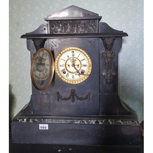 595 - A late 19th Century Black Slate and Marble Mantel Clock of large size.