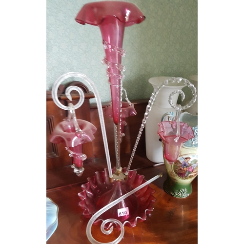 610 - A part Cranberry Glass Epergne.