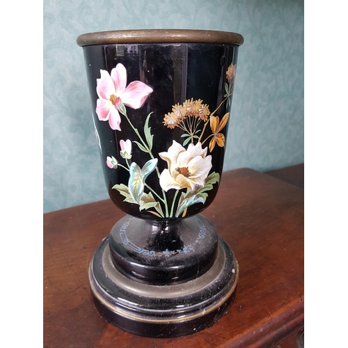 666 - A pair of early 20th Century Oriental Metal Cloisonne style Urns with raised hand painted decoration... 