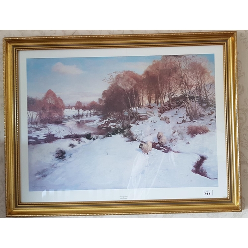 711 - A Modern Coloured Print of Sheep in a snowy landscape.