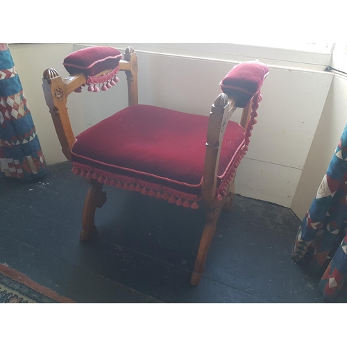 713 - A good 19th Century Oak Altar Chair with original red velvet and tasselled upholstery.