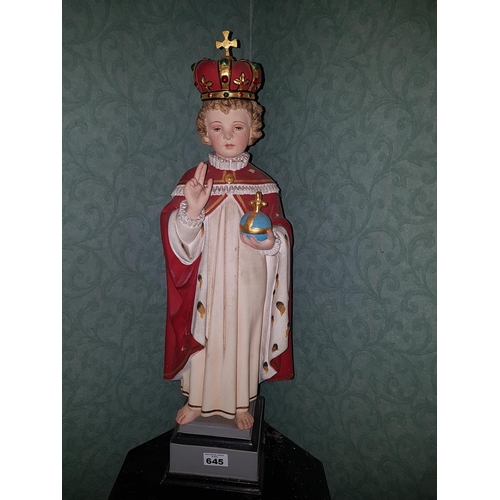 645 - A hand painted Statue of 'The Child of Prague' by Deghini, Dublin. H 62cm. (76cm with stand).