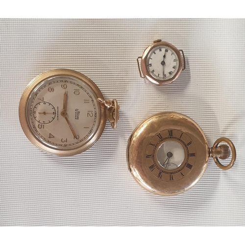 560b - A 14ct plated gold Waltham Half Hunter Pocket Watch along with a 9ct gold Watch and a Kaiser 15 Jewe... 