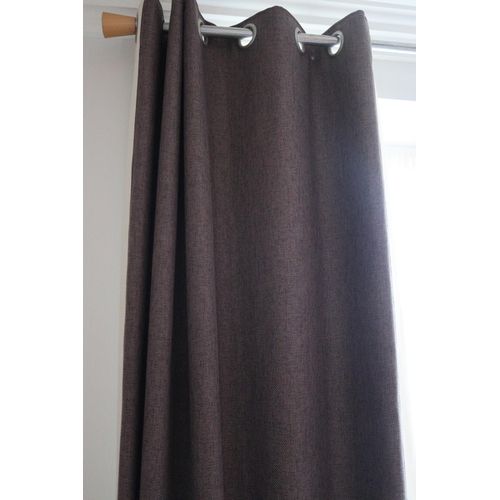 235 - A pair of Curtains with brown and cream edge, along with a chrome rail and timber ends, suitable for... 