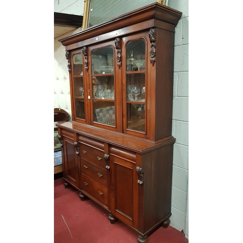 199 - A lovely 19th Century three door Bookcase with glazed upper section triple drawer centre flanked by ... 