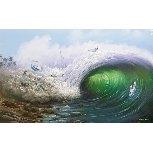 645 - A very large Oil on Canvas of the Tsunami of Thailand by Vichai (a Thai artist). Signed and dated 26... 