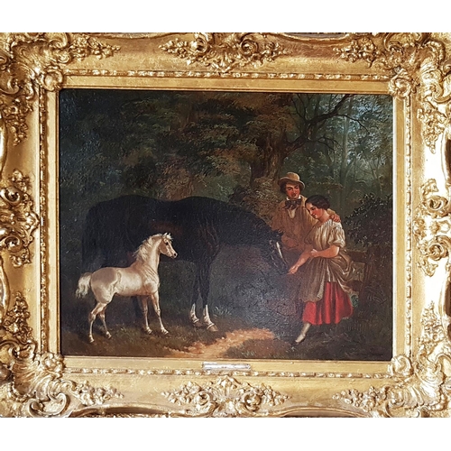 505 - Attributed to George Armfield. A Rare Oil on Canvas of a Woman feeding a horse with a foal. Signed i... 