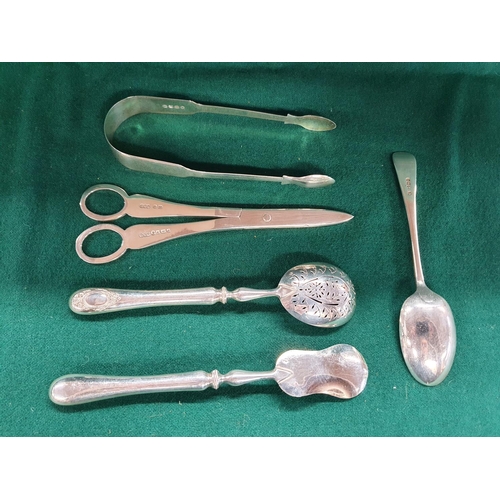 18 - A very heavy bright cut London hallmarked Grape Scissors along with a Silver sugar Tongs, Sifting Sp... 