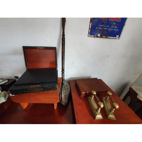 100 - A 19th Century Brass and leather covered travelling Table top Desk, a pair of 19th Century brass fir... 