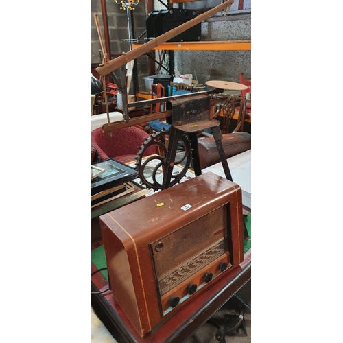 265 - A Vintage Pye Radio along with a fretsaw along with an Exit Sign and Lace.