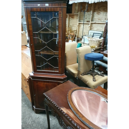 282 - A Mahogany Veneered Corner Cabinet, a Mahogany Hall Table, a centre table and a mirror.