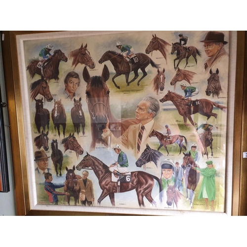 326 - After Peter Deighan, Vincent O`Briens Great Horses. A large and well framed collage coloured Print.