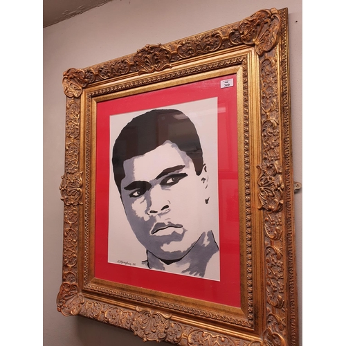 329 - In the style of Banksy, a stencil silhouette oil on canvas of Mohammad Ali. Signed K Monaghan. 08. L... 