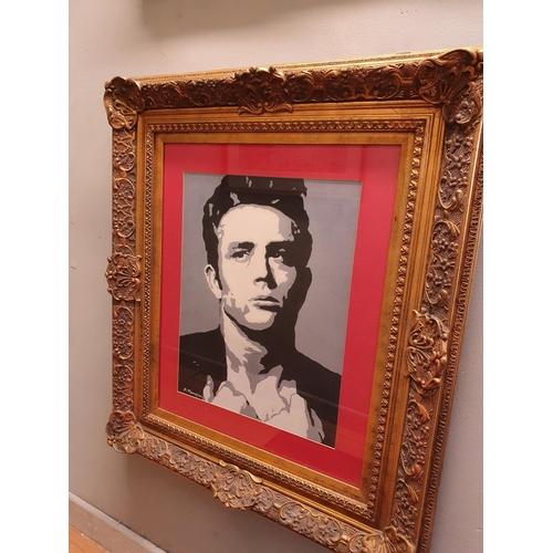 329A - In the style of Banksy, a stencil silhouette oil on canvas of James Dean signed K Monaghan LL. 38 x ... 