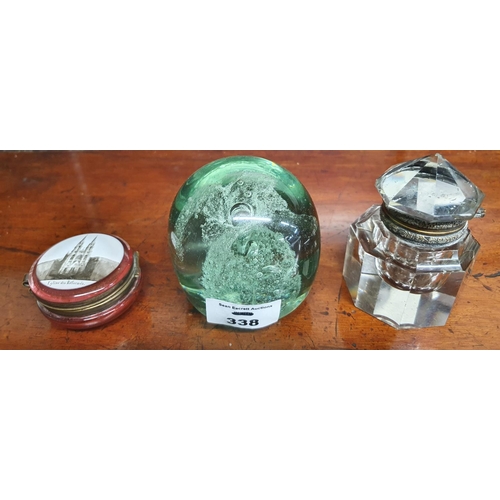 338 - A Victorian dump Paperweight with Victorian faced crystal inkwell and glass box.