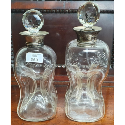 363 - Two Hourglass Decanters with silver neck. One hallmarked Birmingham 1906.