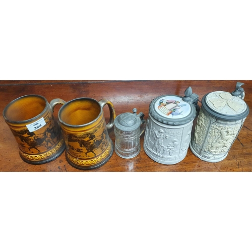 364 - Two early 20th Century Macmillan Ridgways Tankards together with three 19th Century German Steins. (... 