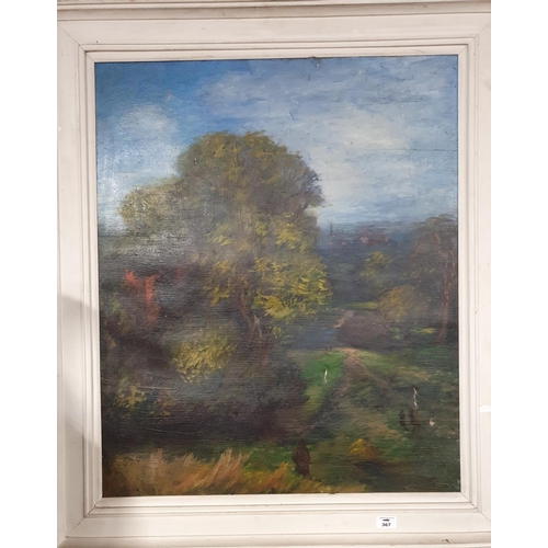 367 - A large Oil on Canvas of a country scene. 64 x 77 cms.