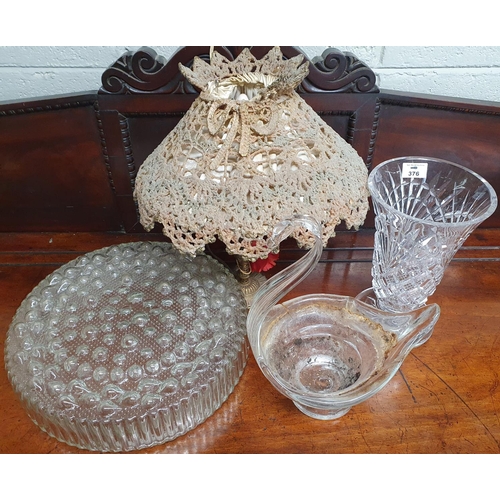 376 - A Waterford Crystal Vase, a 1920's ceiling light, a table lamp and a swan shaped vase.