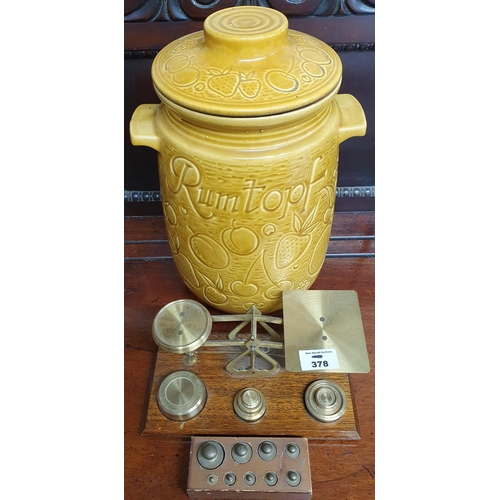 378 - A small Brass and Timber Postmasters Scales along with a Rumtopf biscuit barrel.