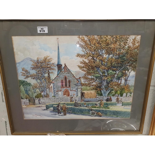 919 - A mid 20th Century Watercolour of a town square with a church in the background by John F Baker. Sig... 